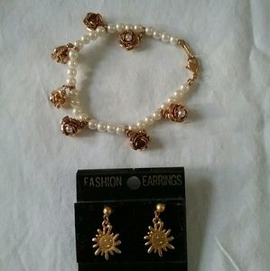Fashion Pearl Bracelet and Gold Earrings